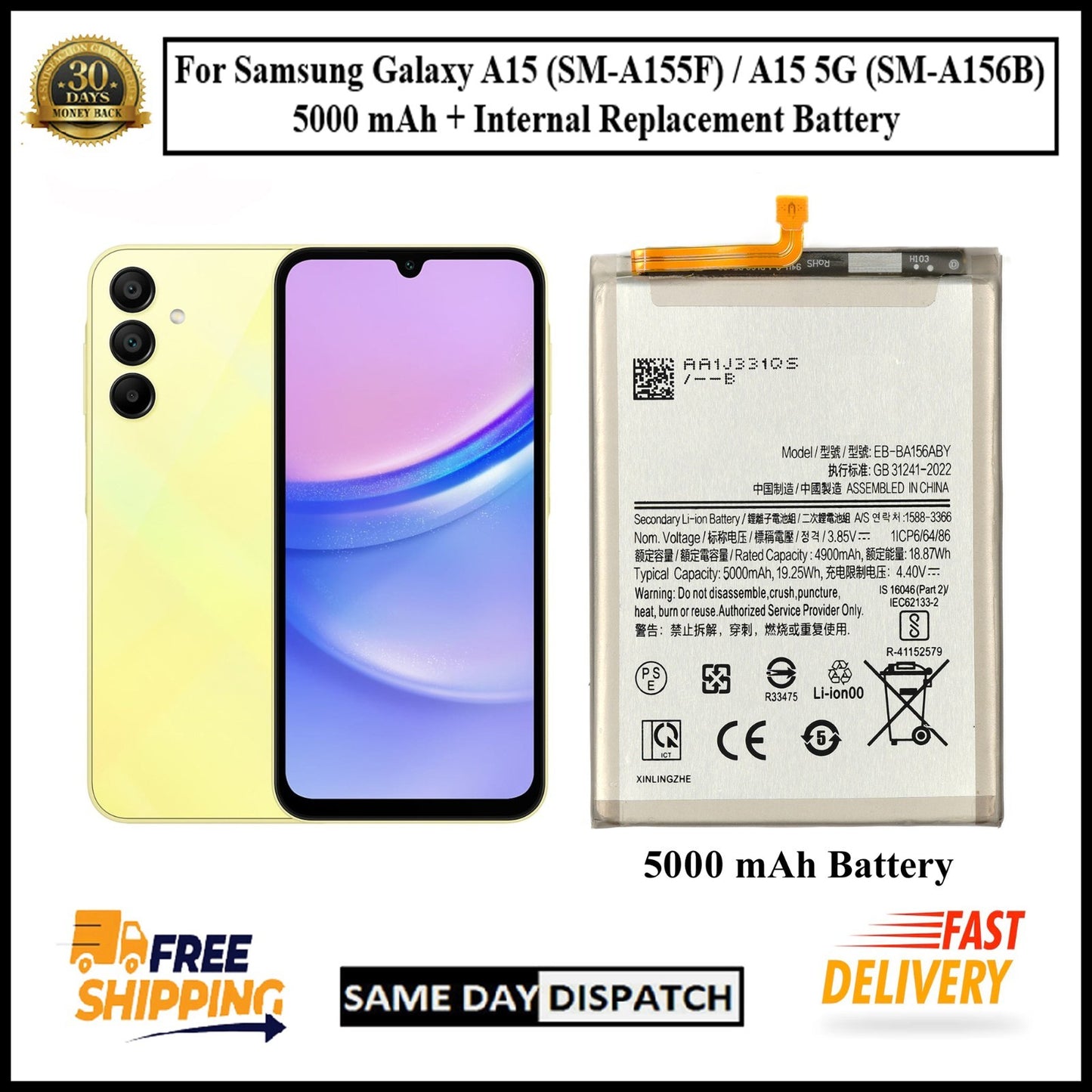 For Samsung Galaxy A15/A15 5G /A155F/A156B 5000mAh+ Internal Replacement Battery