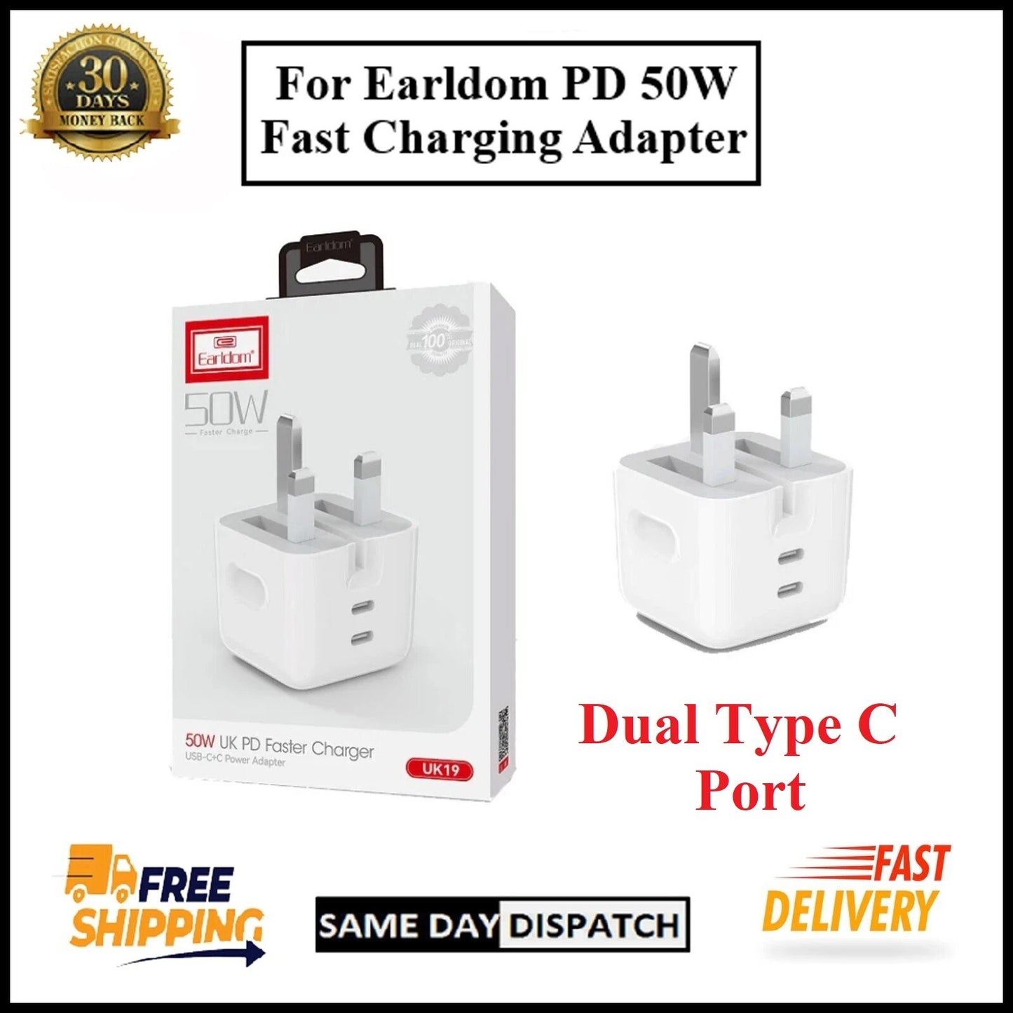 For Earldom Dual Interface PD 50W & Dual Type C Fast Wall Charging Adapter