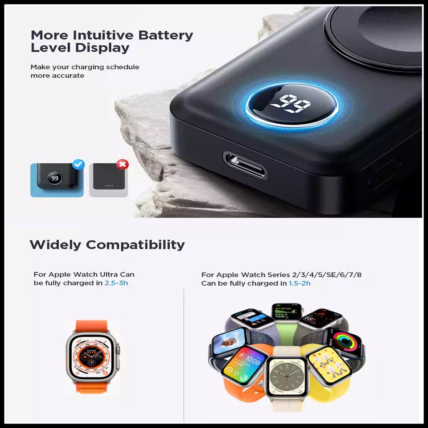 For Joyroom 2000mAh Portable Watch Wireless Charger -Digital Display & Keychain