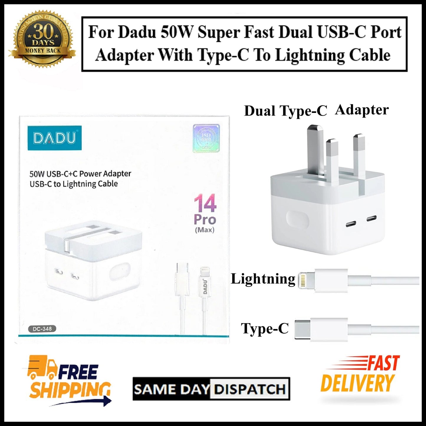 For Dadu 50W Type-C Power Adapter With Type-C to iPhone Fast Charger Cable