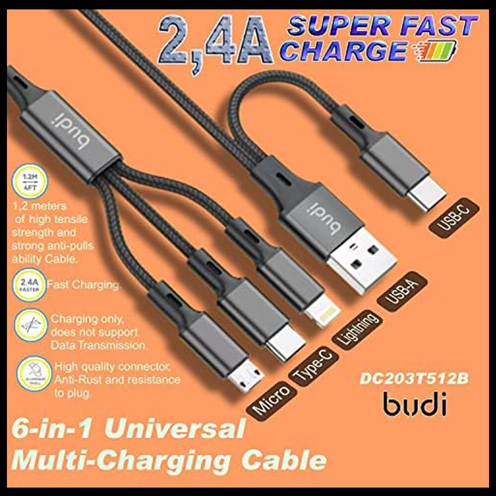 Budi 6-in-1 Multi Fast Charging Cable For Mobile Devices USB Type-C Micro iPhone