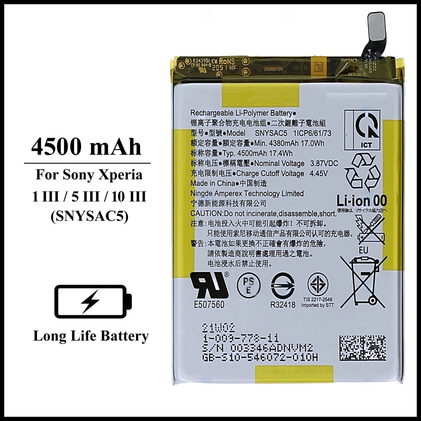Sony Xperia 1 III/5 III 3/10 III 3(SNYSAC5)4500mAh+ Internal Replacement Battery