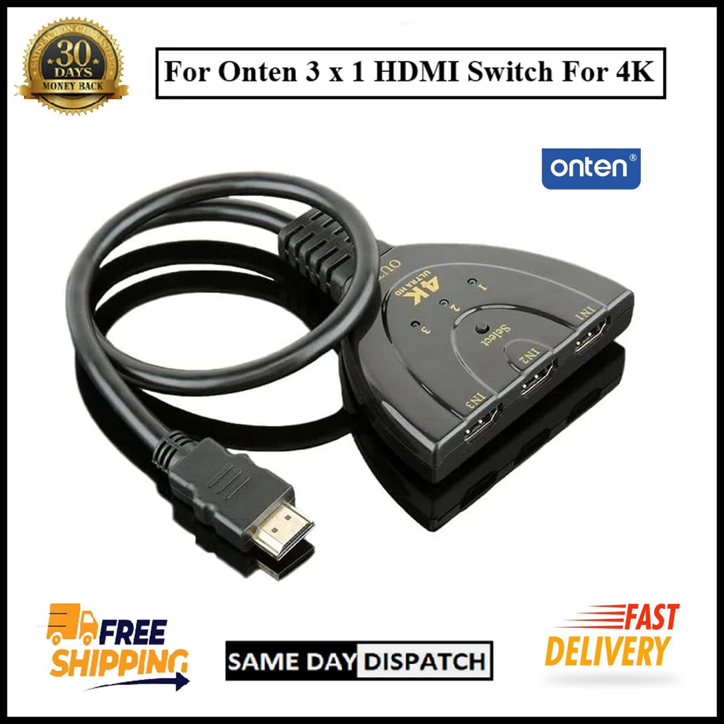 For Onten HDMI Switch 3-Port HDMI Splitter Switcher Supports, Full HD Cable- 4K