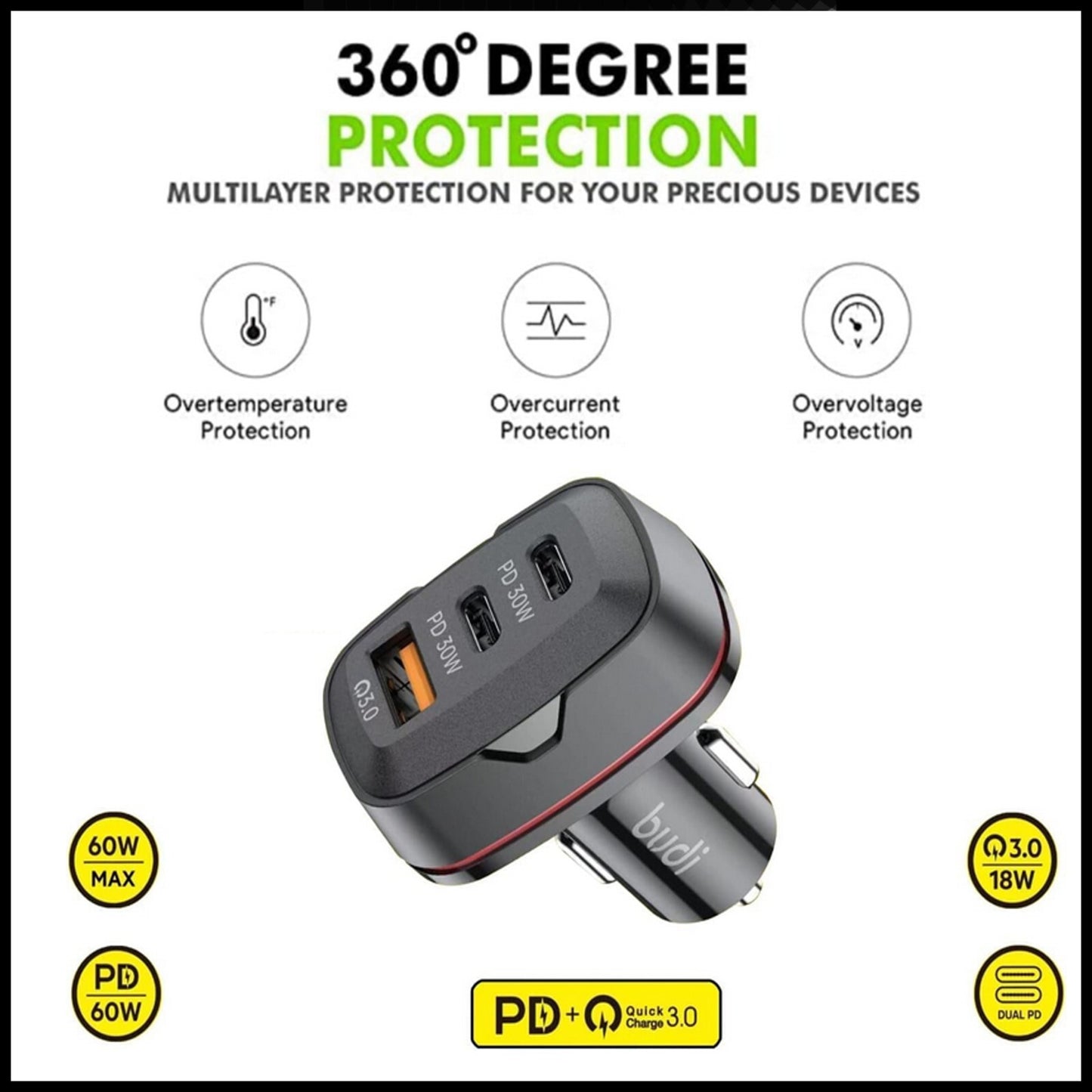 For Budi 60W Fast Car Charger Dual USB-C PD + QC 3.0 Adapter For All Devices