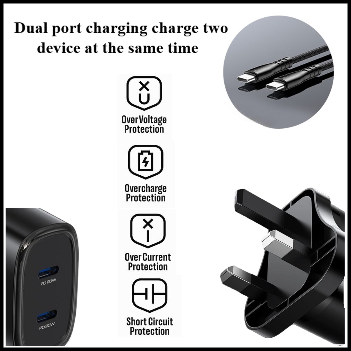 For YESIDO Dual Interface PD 20W USB-C Fast Wall Charger With Type C Cable