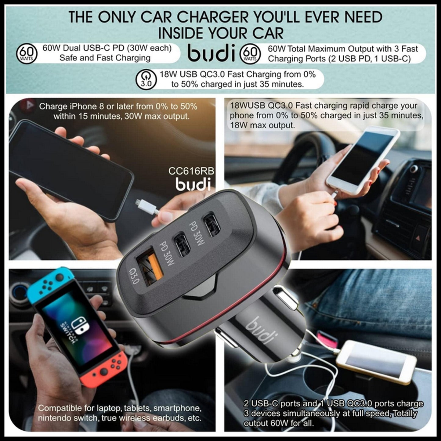 For Budi 60W Fast Car Charger Dual USB-C PD + QC 3.0 Adapter For All Devices