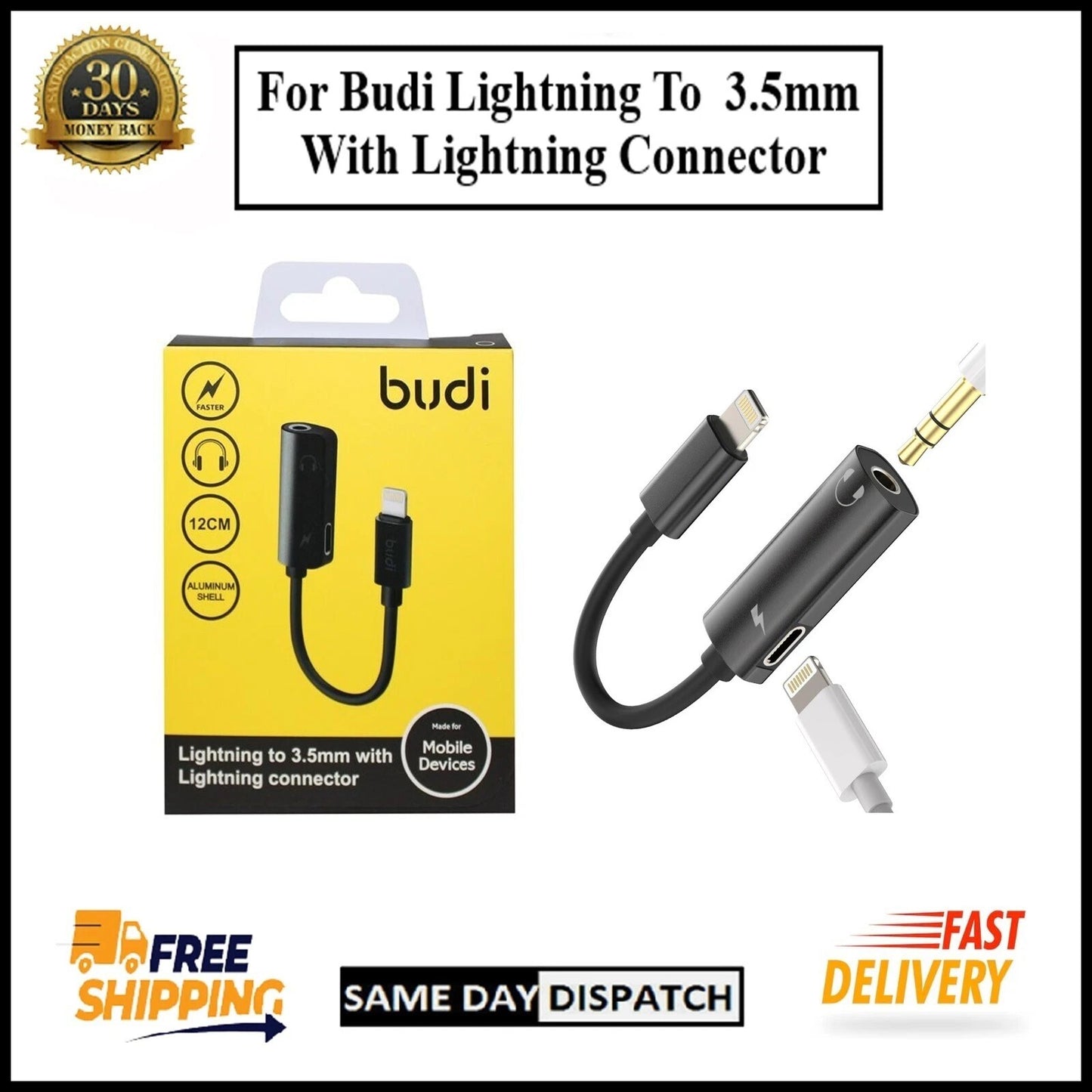 For Budi iPhone to 3.5mm Adapter Dual Port iPhone Audio & Charger Cable 12CM