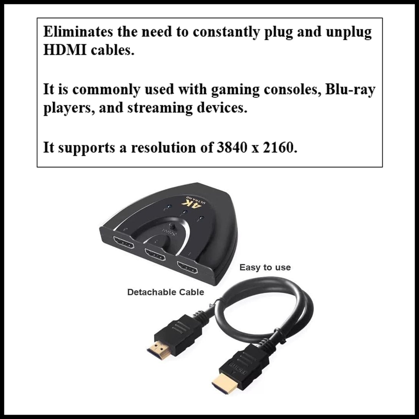 For Onten HDMI Switch 3-Port HDMI Splitter Switcher Supports, Full HD Cable- 4K