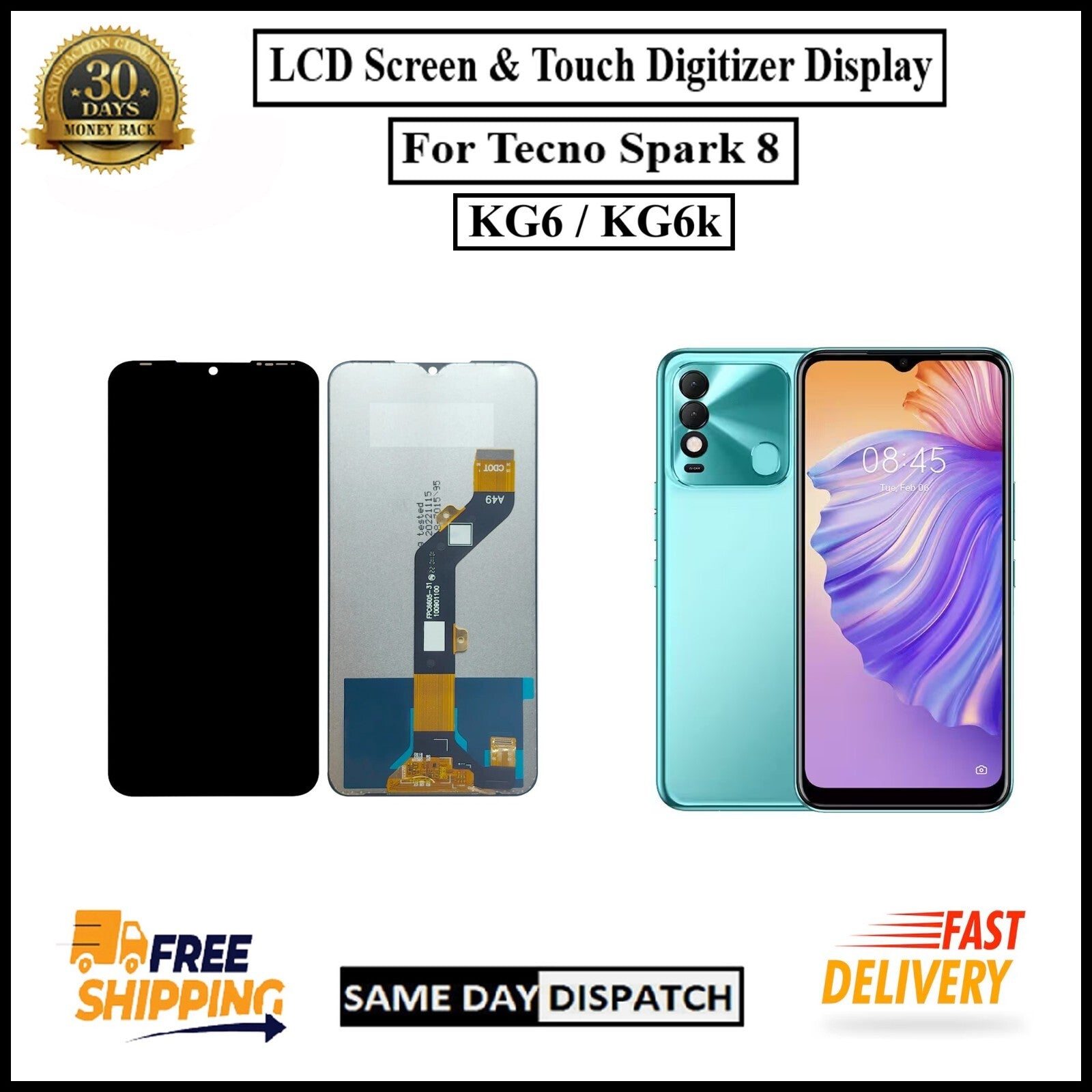 For Tecno Spark 8 / KG6 / KG6k  LCD Display screen Touch Digitizer Replacement