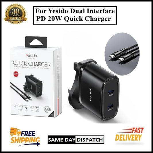 For YESIDO Dual Interface PD 20W USB-C Fast Wall Charger With Type C Cable