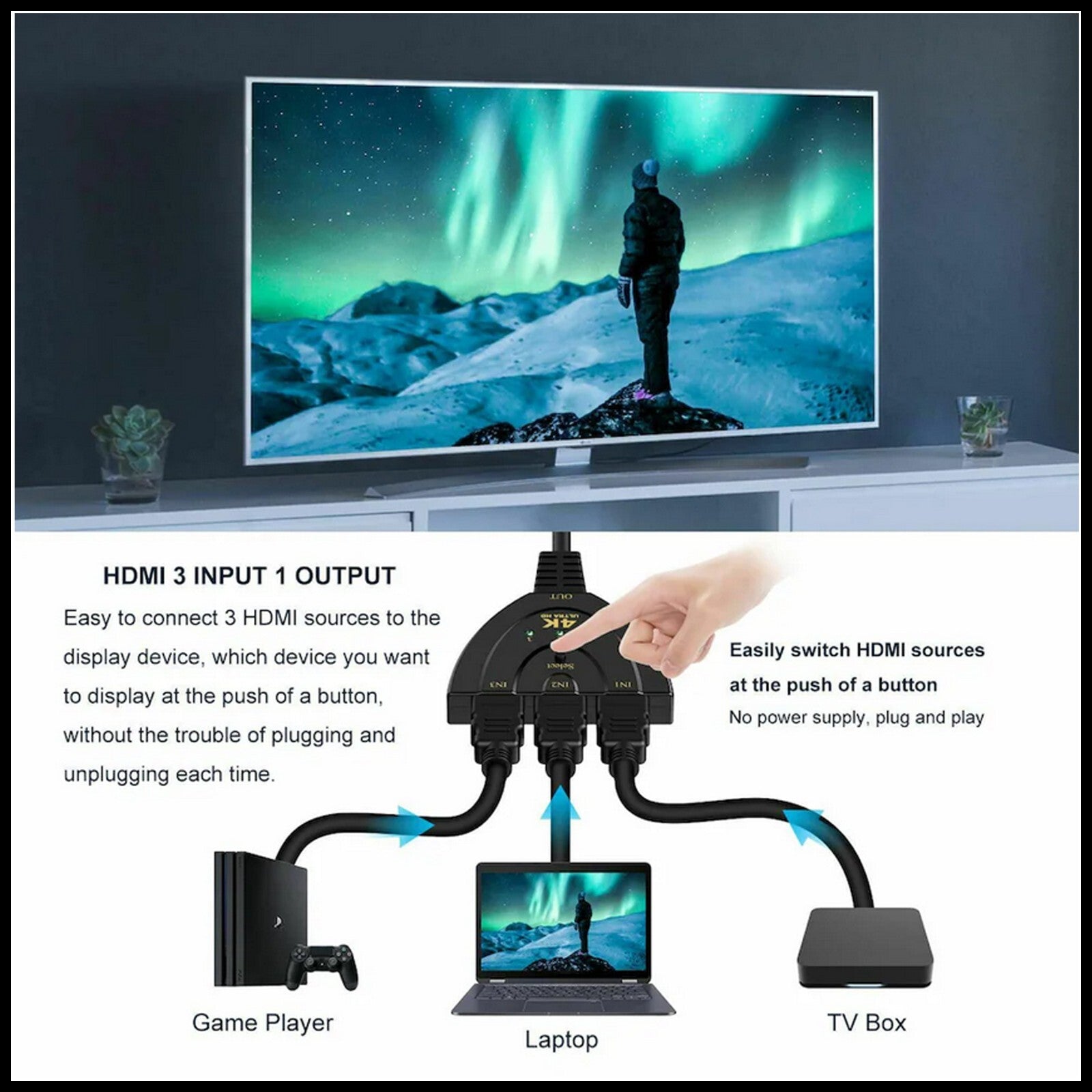 For Onten HDMI Switch 3-Port HDMI Splitter Switcher Supports, Full HD Cable- 4K