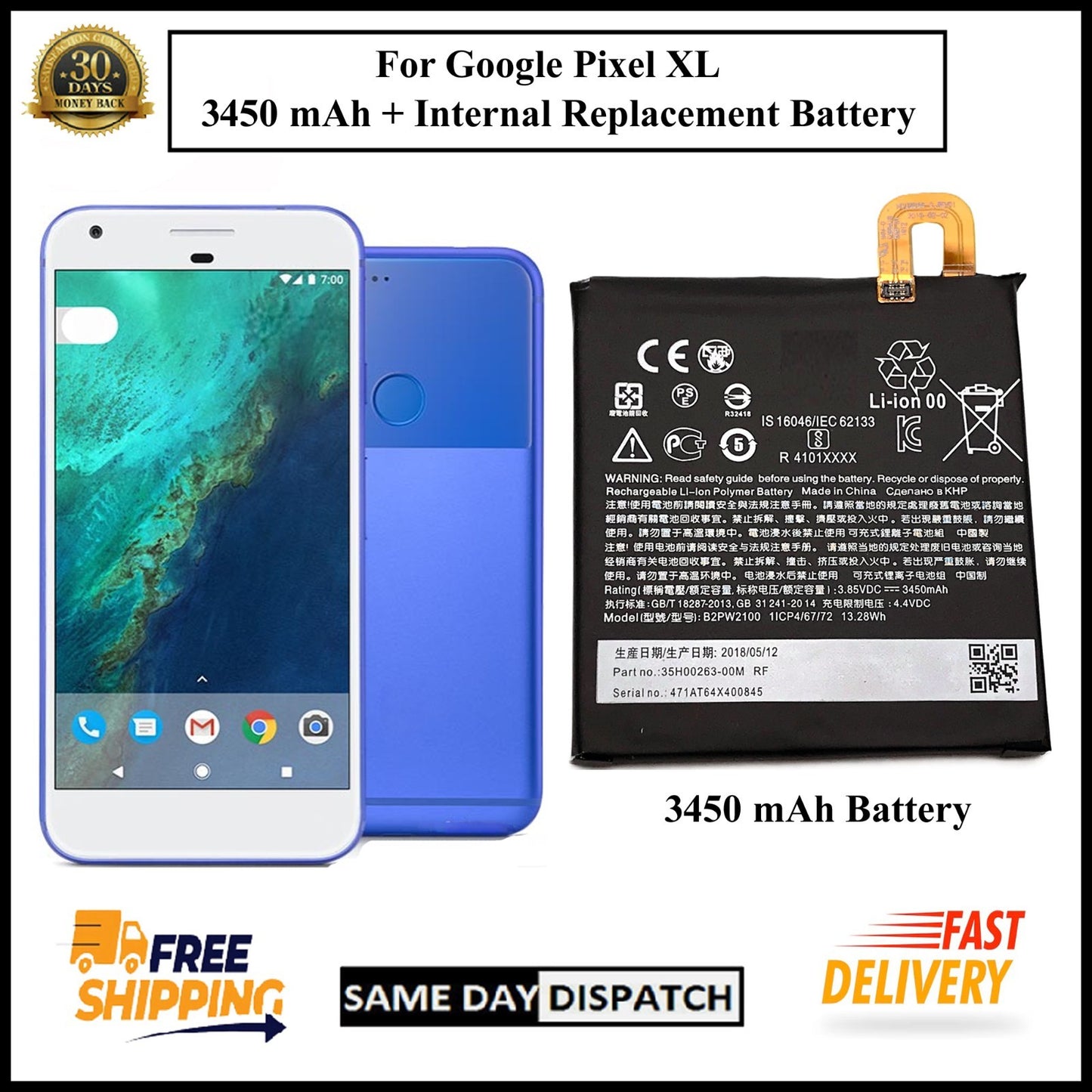 For Google Pixel XL ( B2PW2100 ) 3450mAh+ Internal Replacement Battery