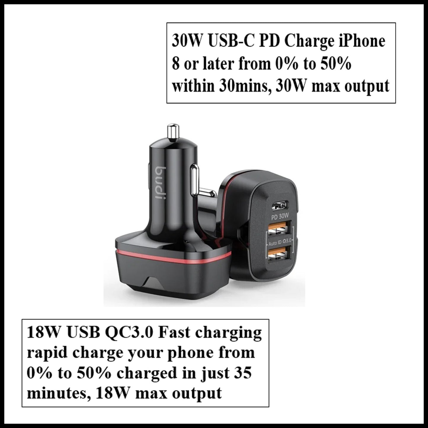 For Budi 48W Dual QC3.0& USB-C PD Car Charger Adapter For Mobile Devices-3 Port