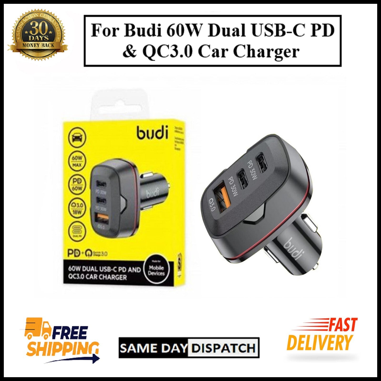 For Budi 60W Fast Car Charger Dual USB-C PD + QC 3.0 Adapter For All Devices