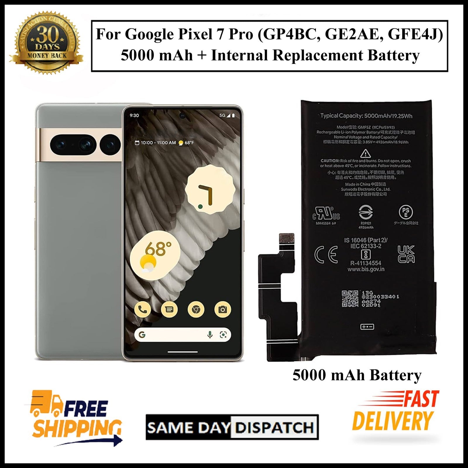 For Google Pixel 7 Pro (GMF5Z) 5000mAh+ Internal Replacement Battery