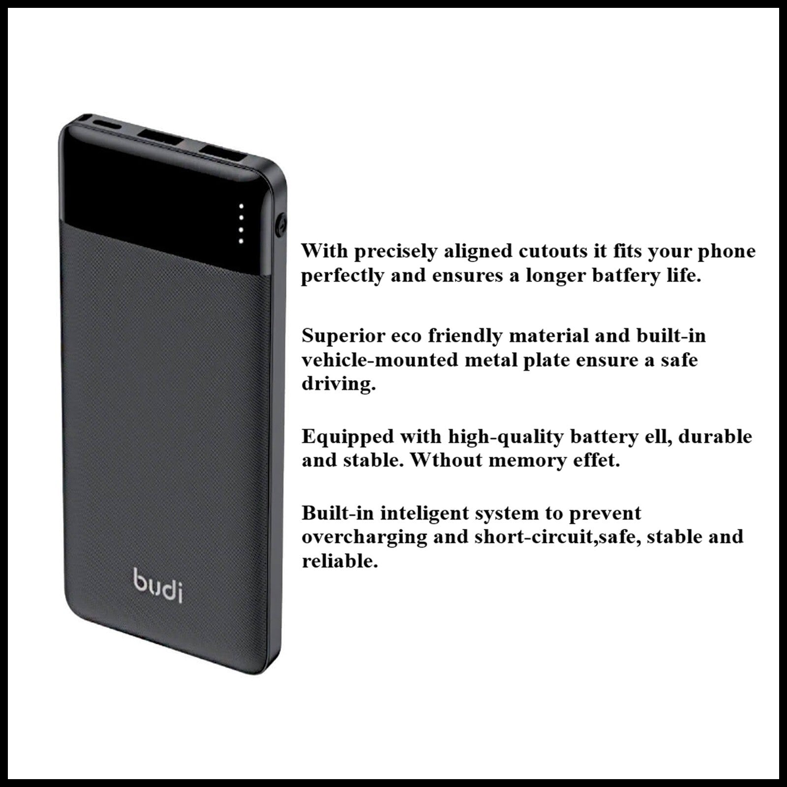 For Budi 10000mAh Pocket Power Bank Fast Charging Double USB Ports