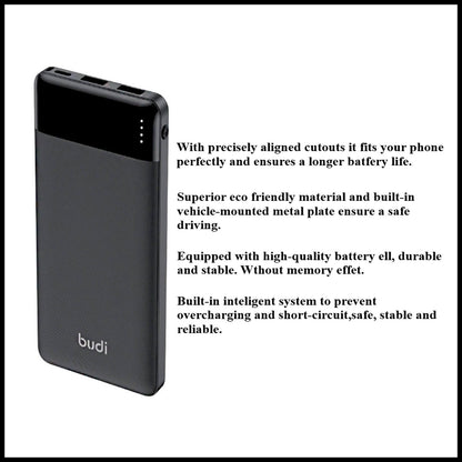 For Budi 10000mAh Pocket Power Bank Fast Charging Double USB Ports
