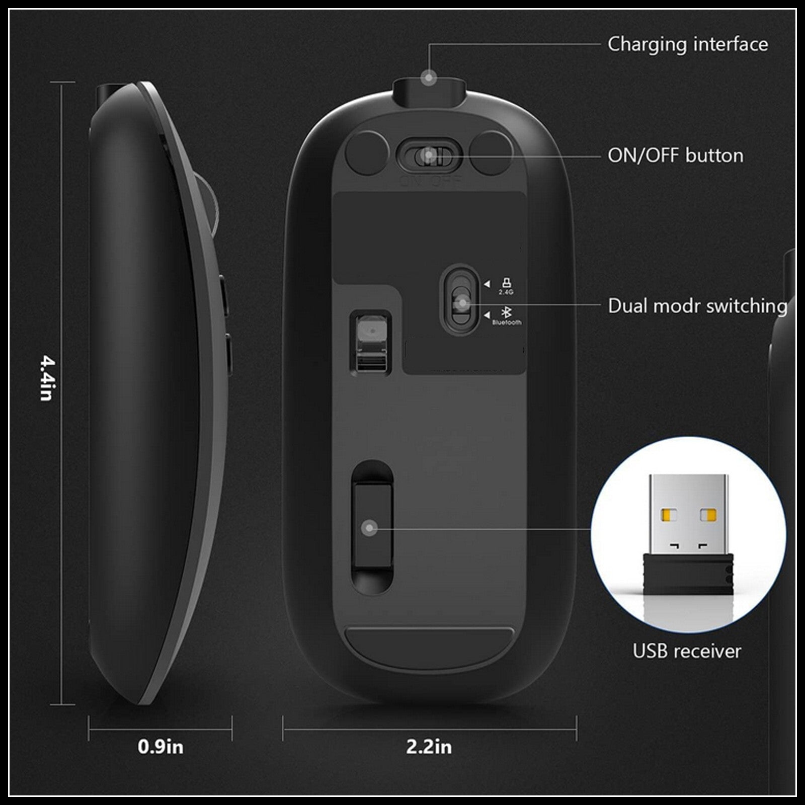 For Dadu Ultrathin Wap USB + Bluetooth Wireless Mouse-3 Mode Connection Silent