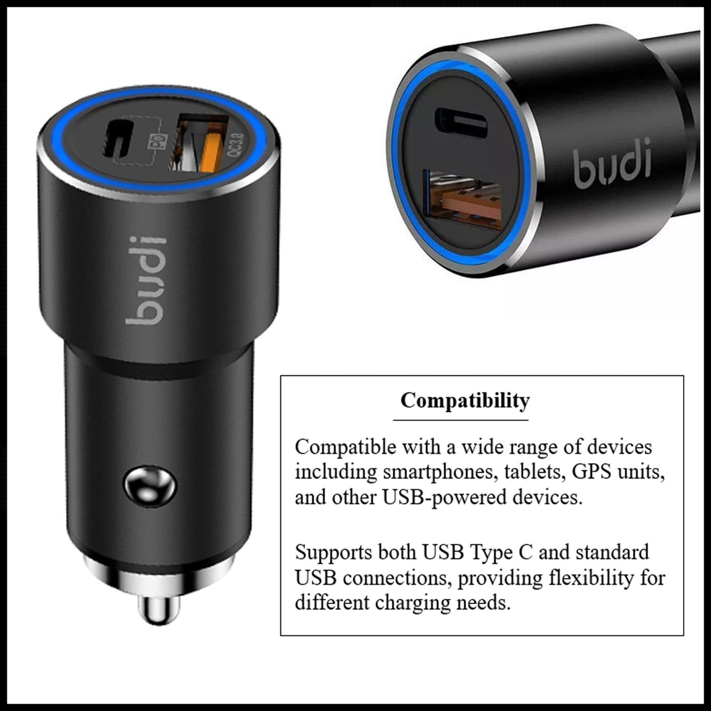 For Budi 38W Dual Port Car Charger USB-C PD 20W+QC 3.0 18W Fast Charging
