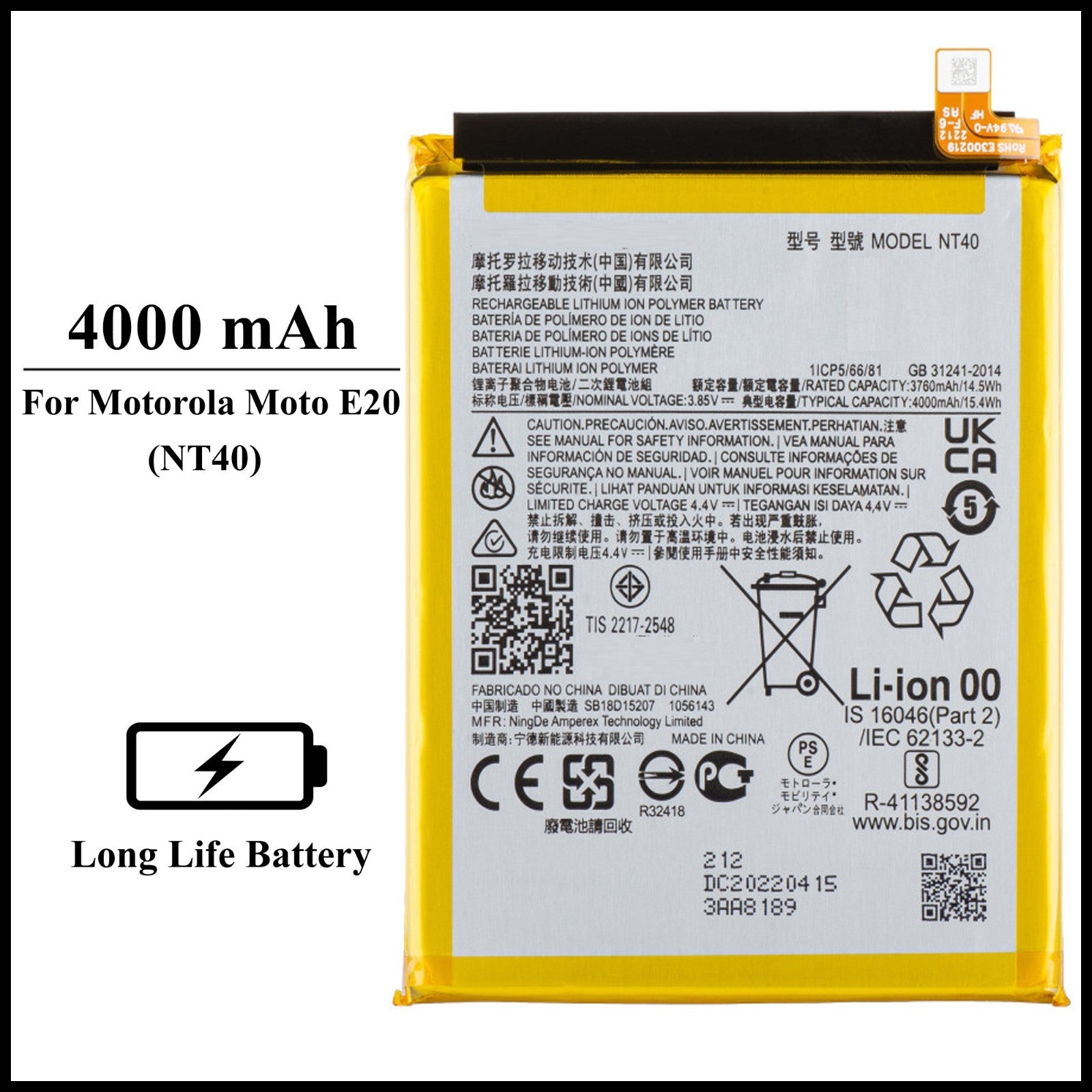 For Motorola Moto E20 / XT2155-1-3 (NT40) 4000mAh+ Internal Replacement Battery