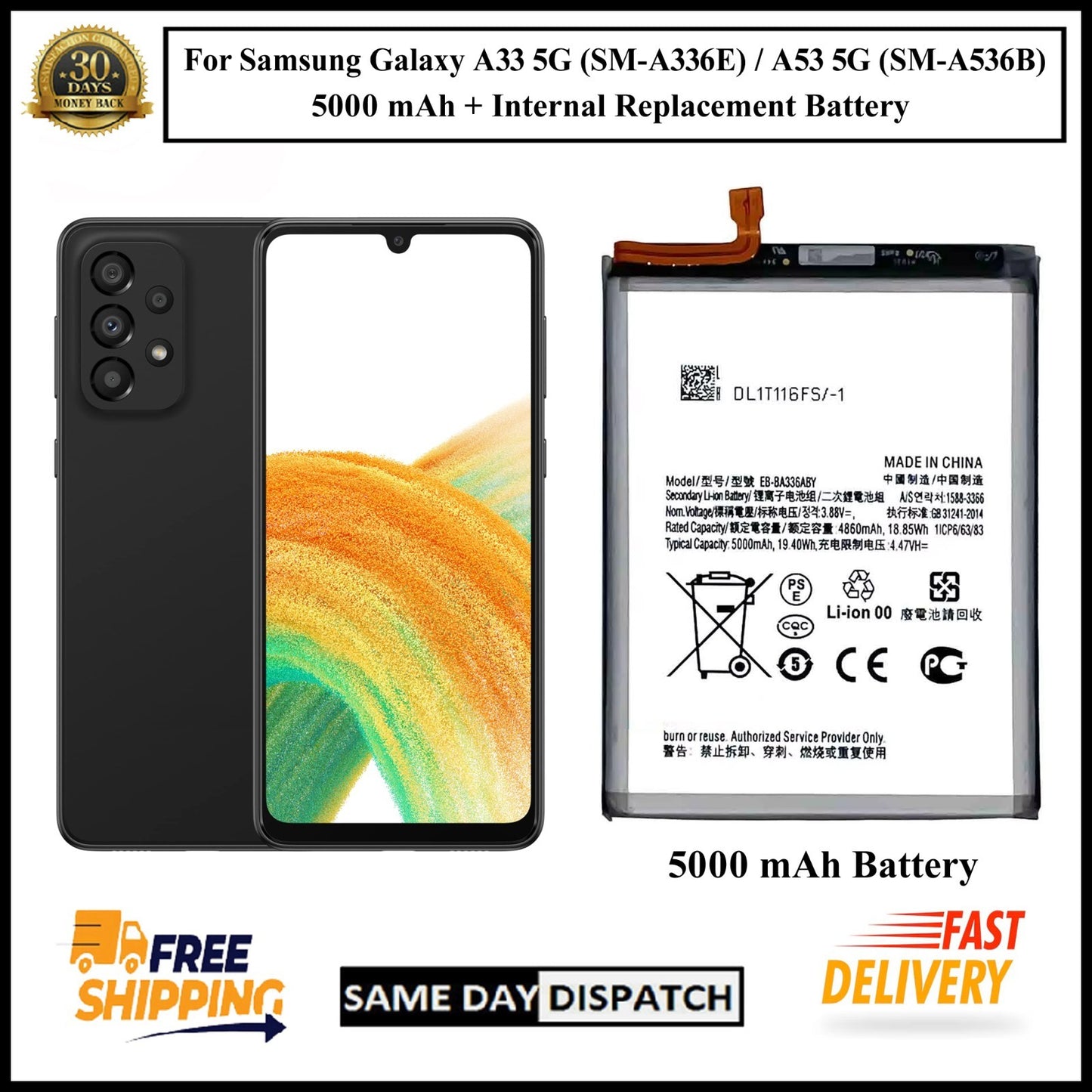 For Samsung Galaxy A33 5G (A336E) / A53 5G (A536B) 5000mAh+ Replacement Battery