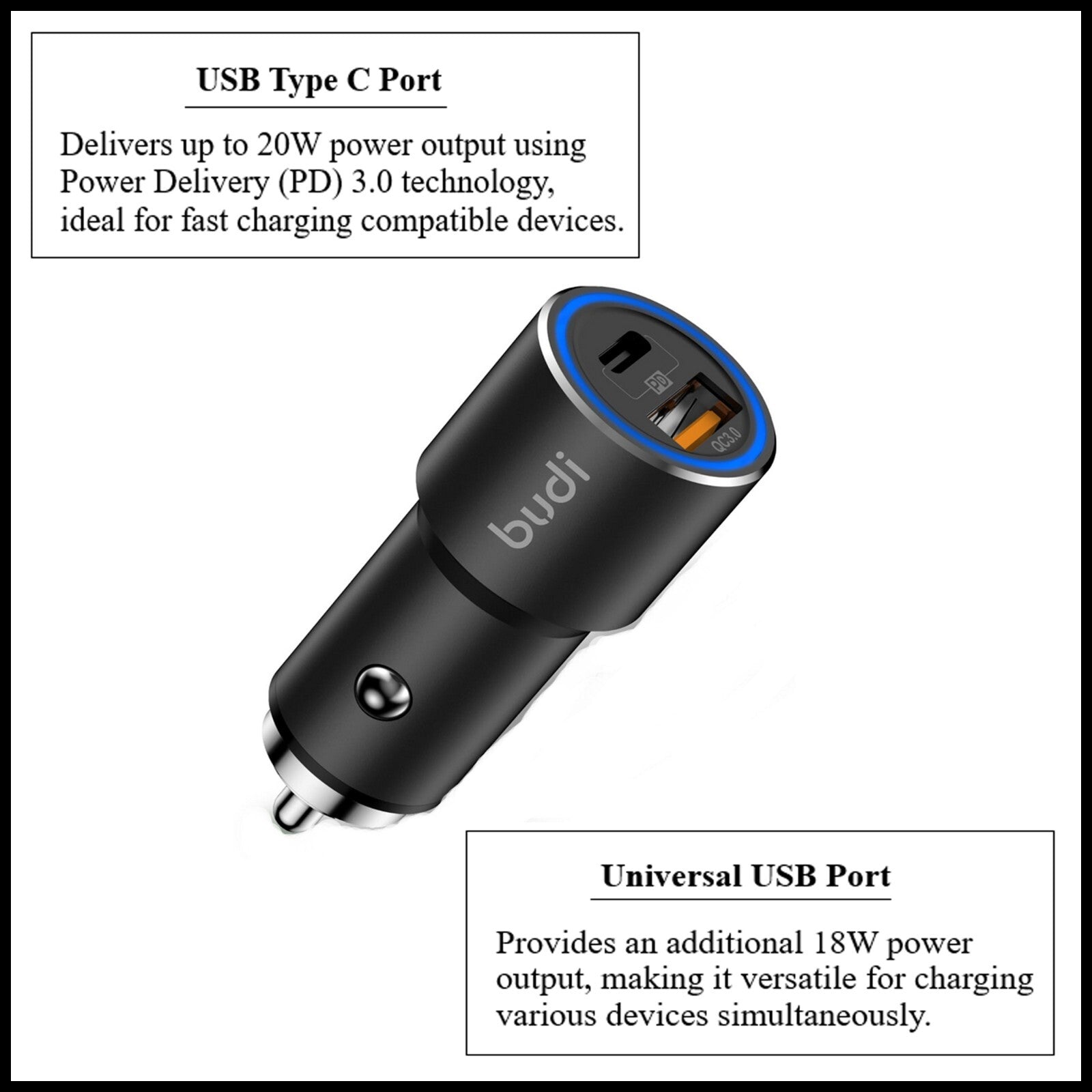 For Budi 38W Dual Port Car Charger USB-C PD 20W+QC 3.0 18W Fast Charging