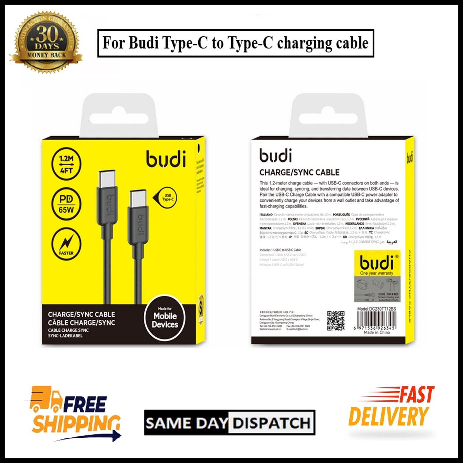 For Budi 1.2M USB Type-C to Type-C Fast Charge Sync Cable