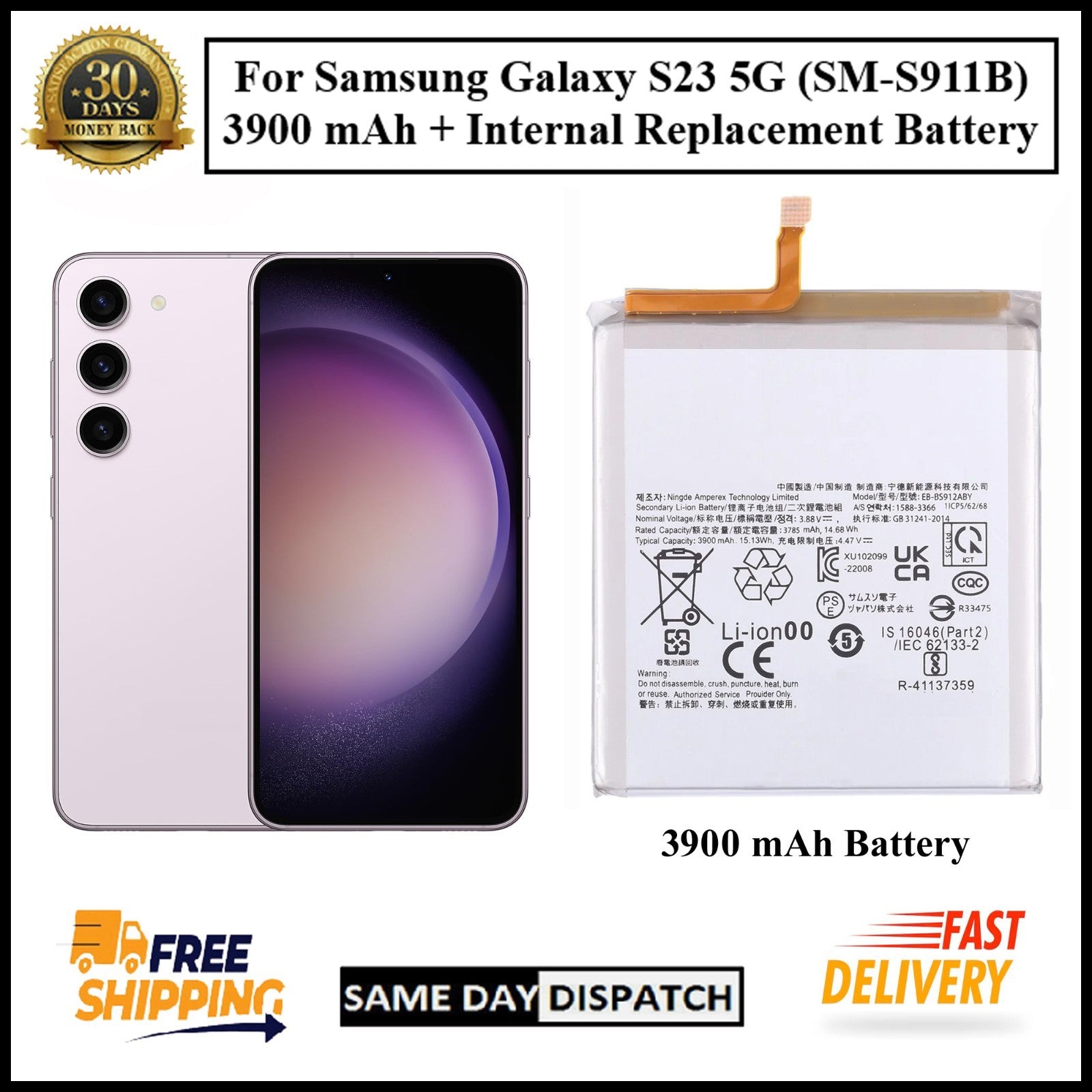 For Samsung Galaxy S23 5G (SM-S911B) 3900mAh+ Internal Replacement Battery