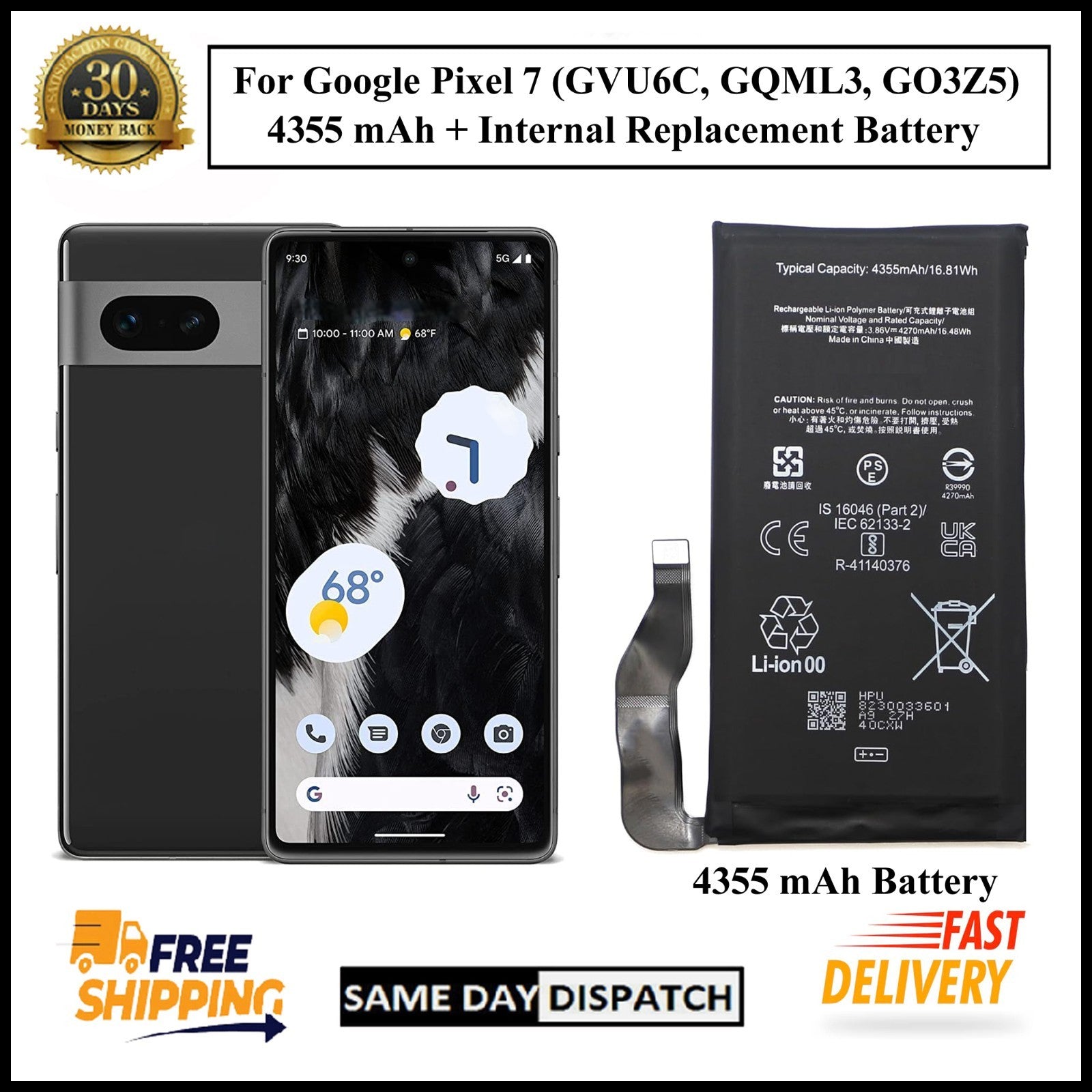 For Google Pixel 7 (GZE8U) 4355mAh+ Internal Replacement Battery