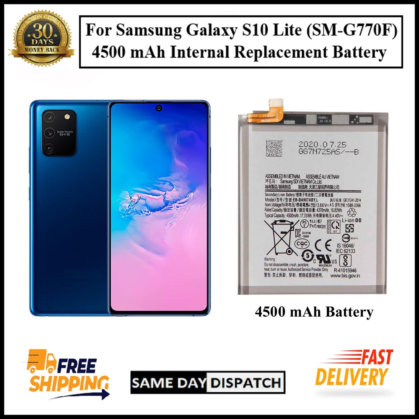 For Samsung Galaxy S10 Lite (SM-G770F) 4500mAh Internal Replacement Battery