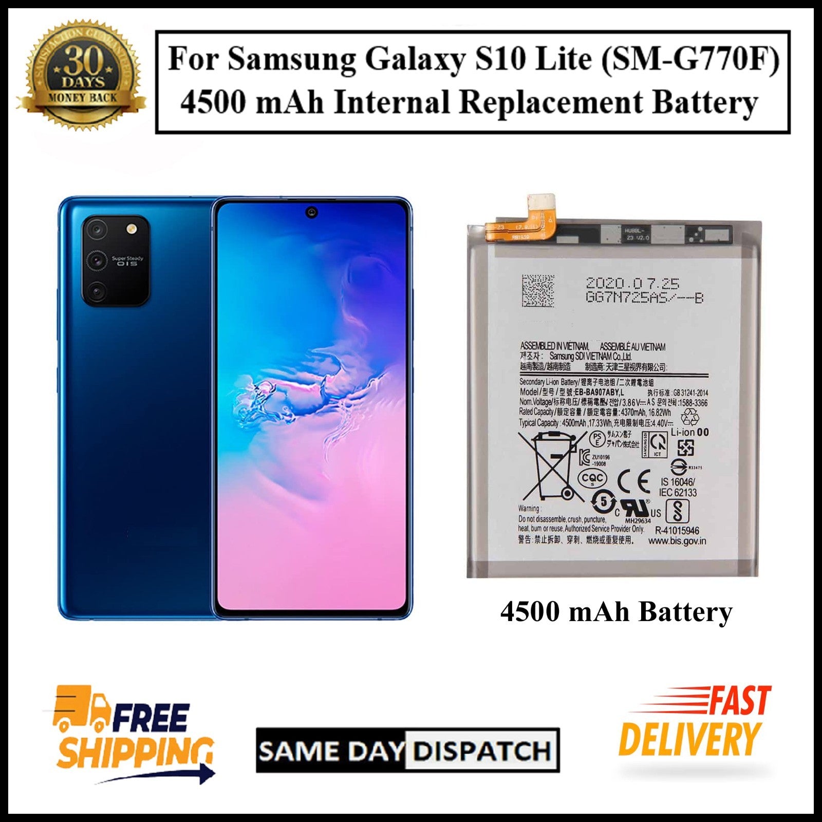For Samsung Galaxy S10 Lite (SM-G770F) 4500mAh Internal Replacement Battery