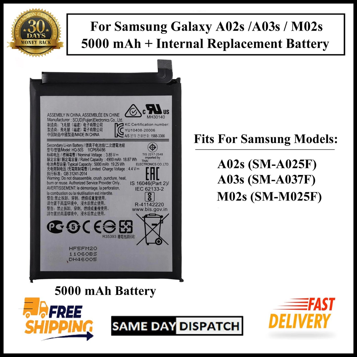 Samsung Galaxy A02s/A03s /M02s/A025F/A037F 5000mAh+ Internal Replacement Battery
