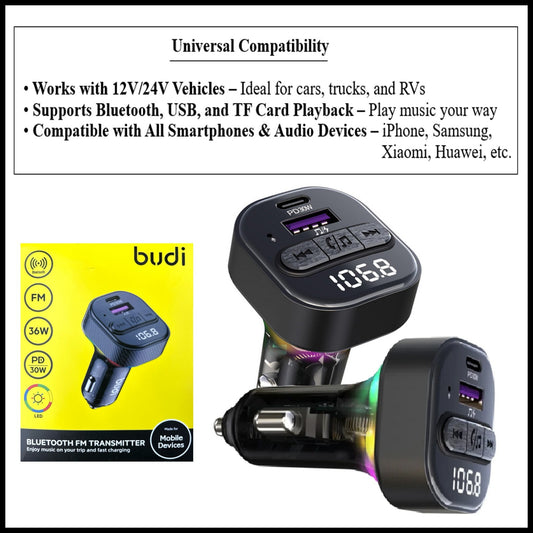 For Budi Bluetooth FM Transmitter Car Charger-36W , LCD Display, Handsfree