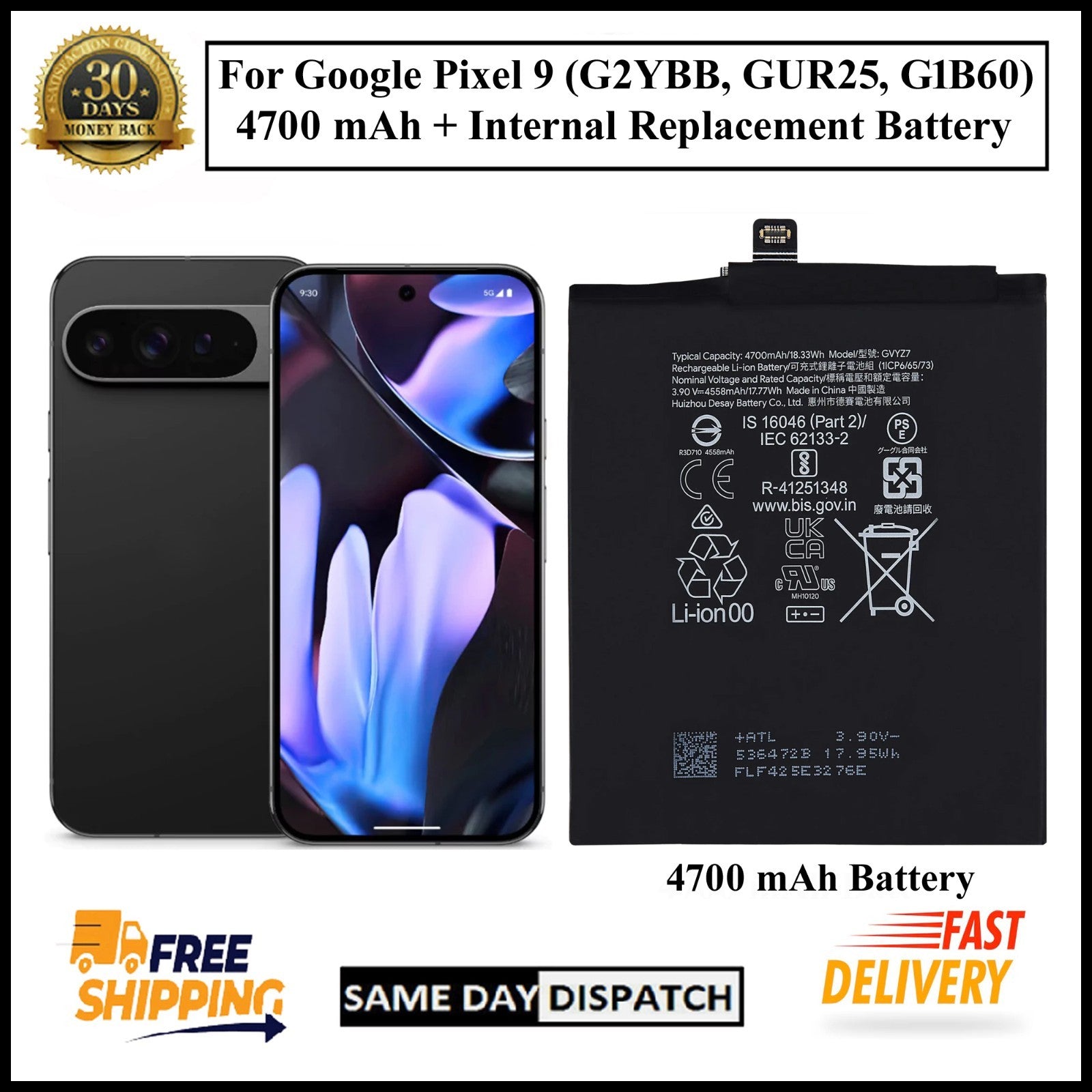 For Google Pixel 9 (GVYZ7) 4700mAh+ Internal Replacement Battery