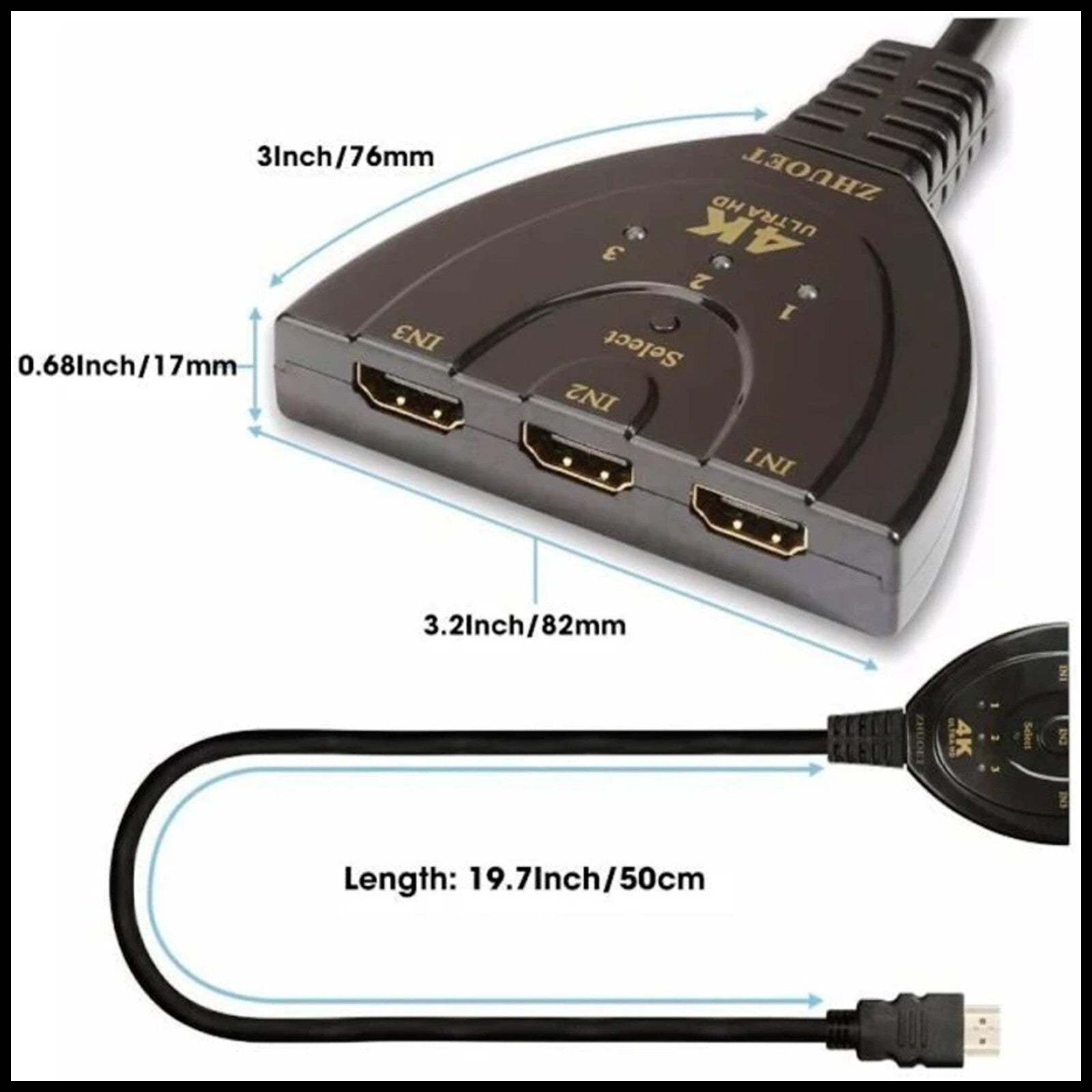 For Onten HDMI Switch 3-Port HDMI Splitter Switcher Supports, Full HD Cable- 4K