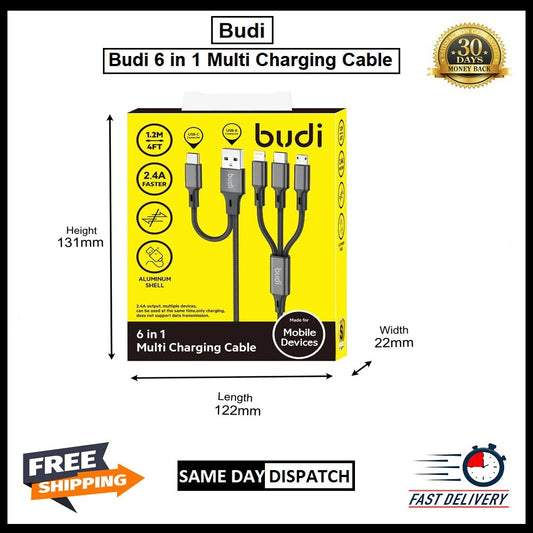 Budi 6-in-1 Multi Fast Charging Cable For Mobile Devices USB Type-C Micro iPhone