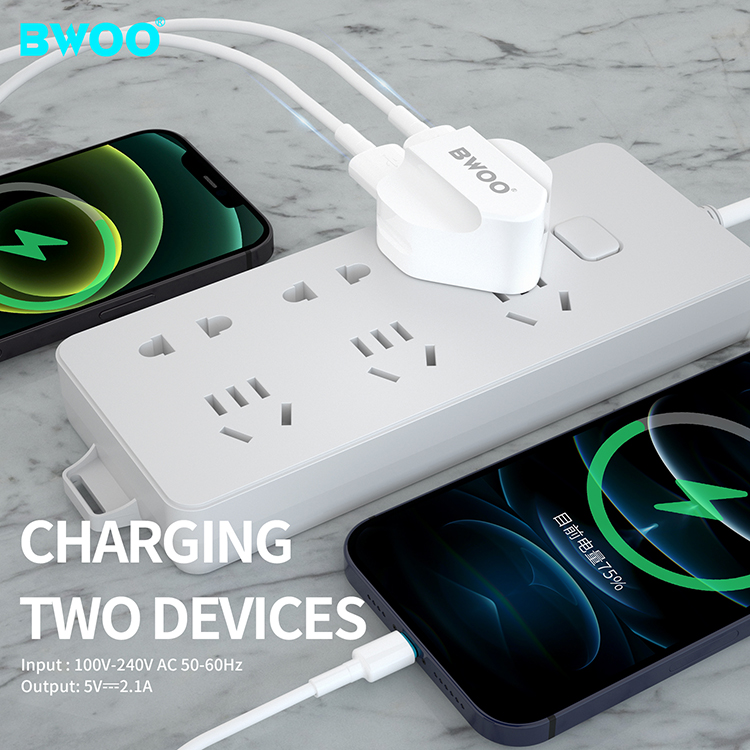 BWOO Fast Charging Dual ( 2 Usb Port )/ 3 Pin Mains Wall Plug Adapter With Cable