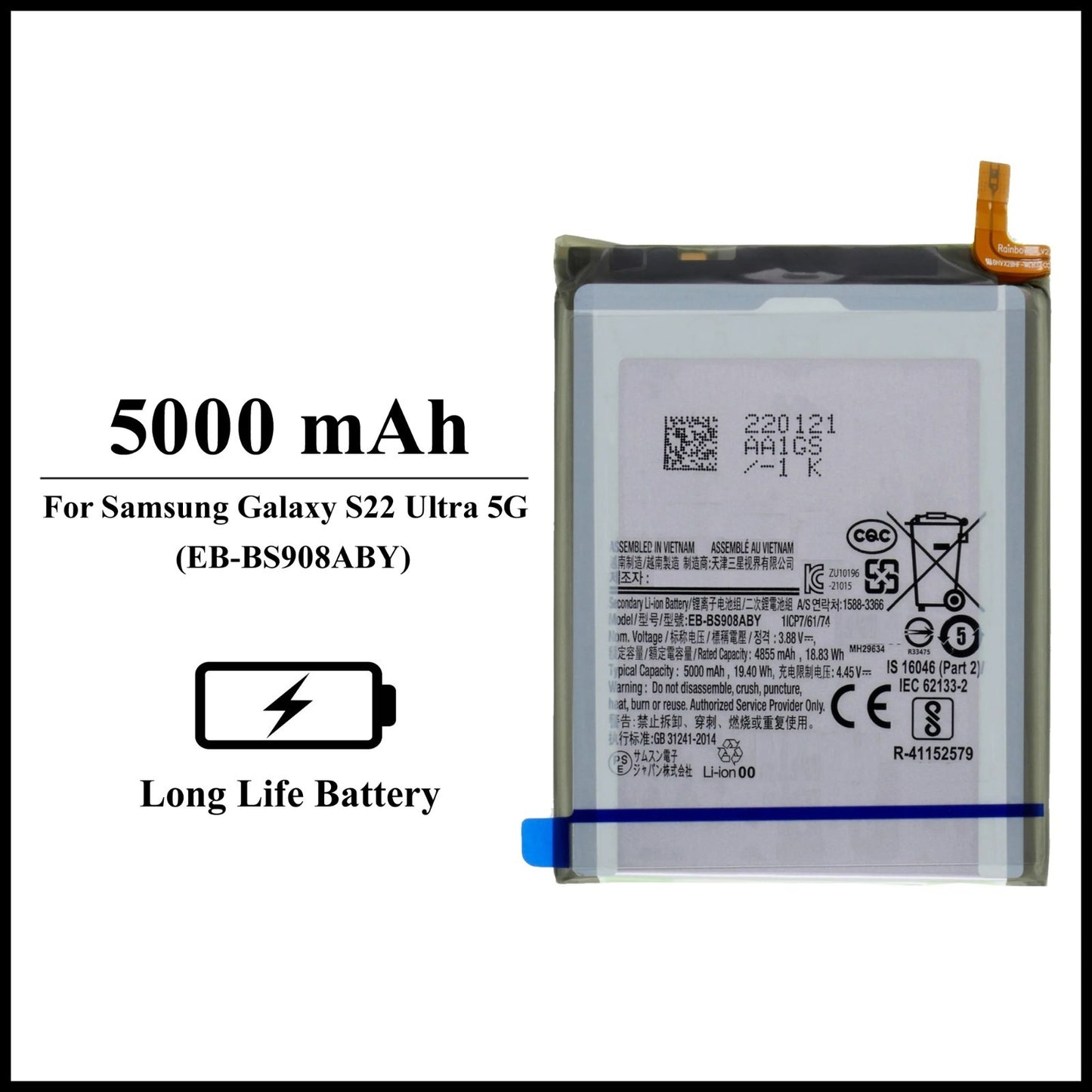For Samsung Galaxy S22 Ultra 5G (SM-S908B) 5000mAh+ Internal Replacement Battery