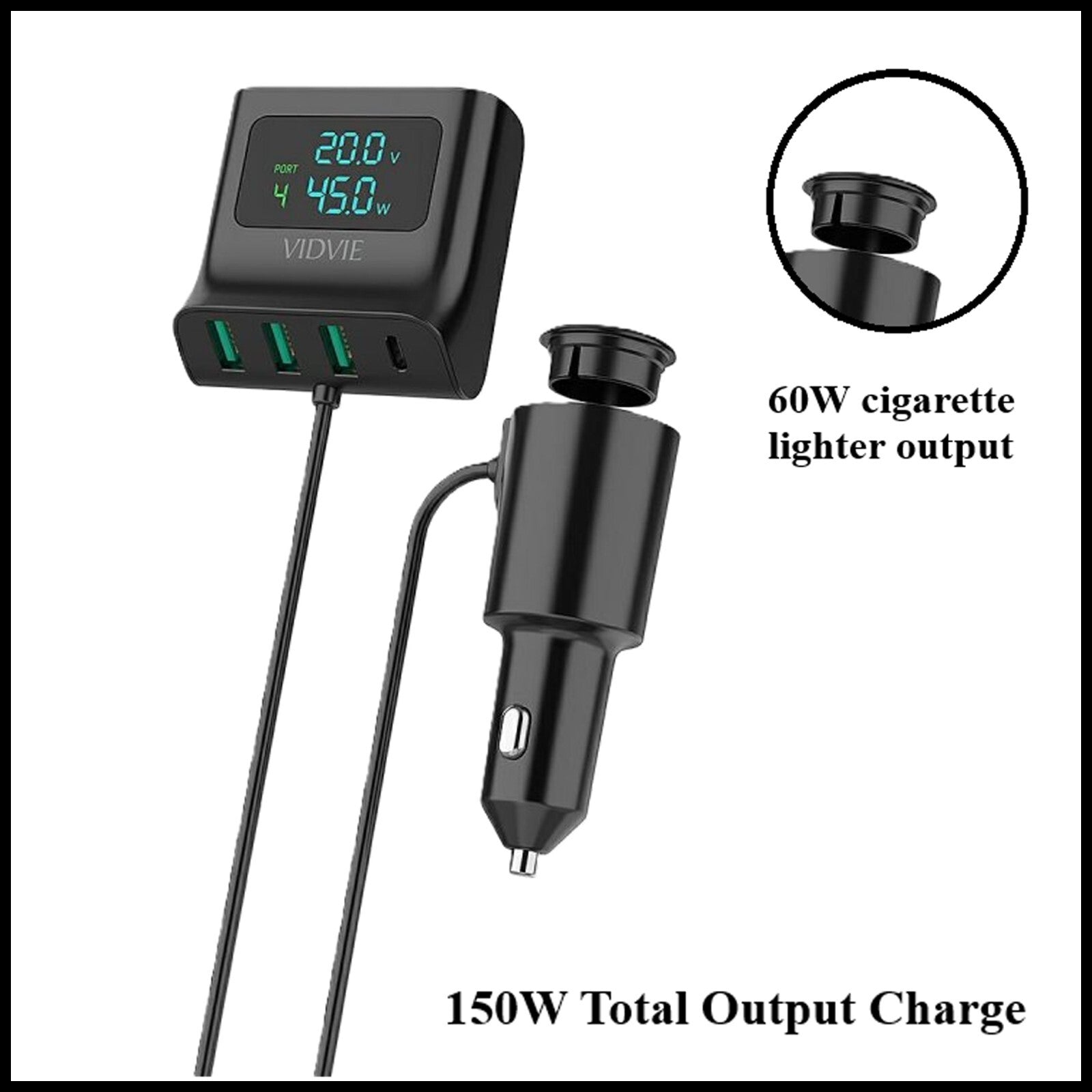 For Vidvie 60W Multifunction USB Fast Car Charger Hub With Display-4 Port
