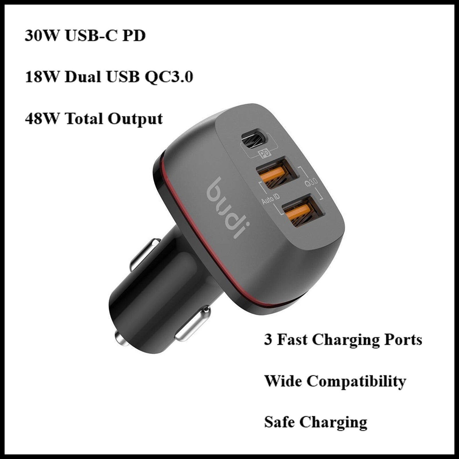 For Budi 48W Dual QC3.0& USB-C PD Car Charger Adapter For Mobile Devices-3 Port