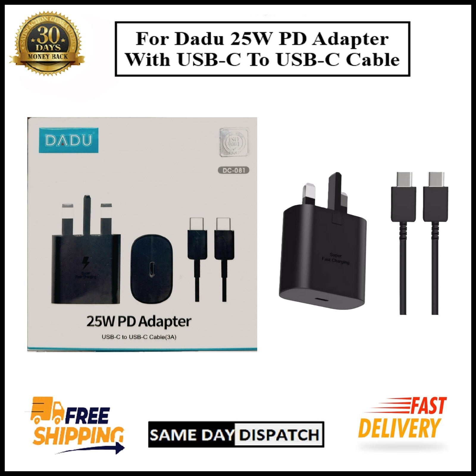For Dadu 25W Type-C Power Adapter With Type-C to Type-C Fast Charger Cable