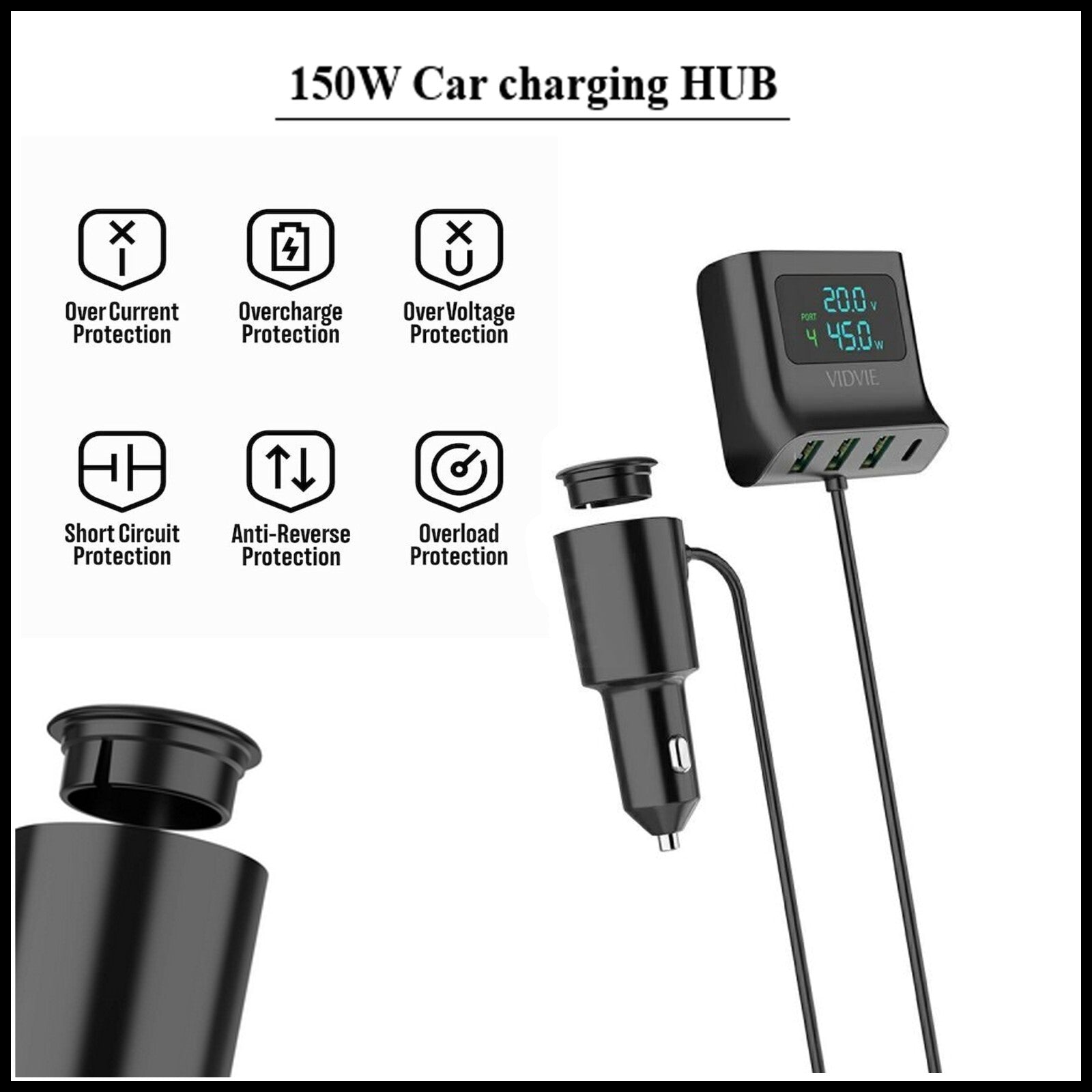 For Vidvie 60W Multifunction USB Fast Car Charger Hub With Display-4 Port