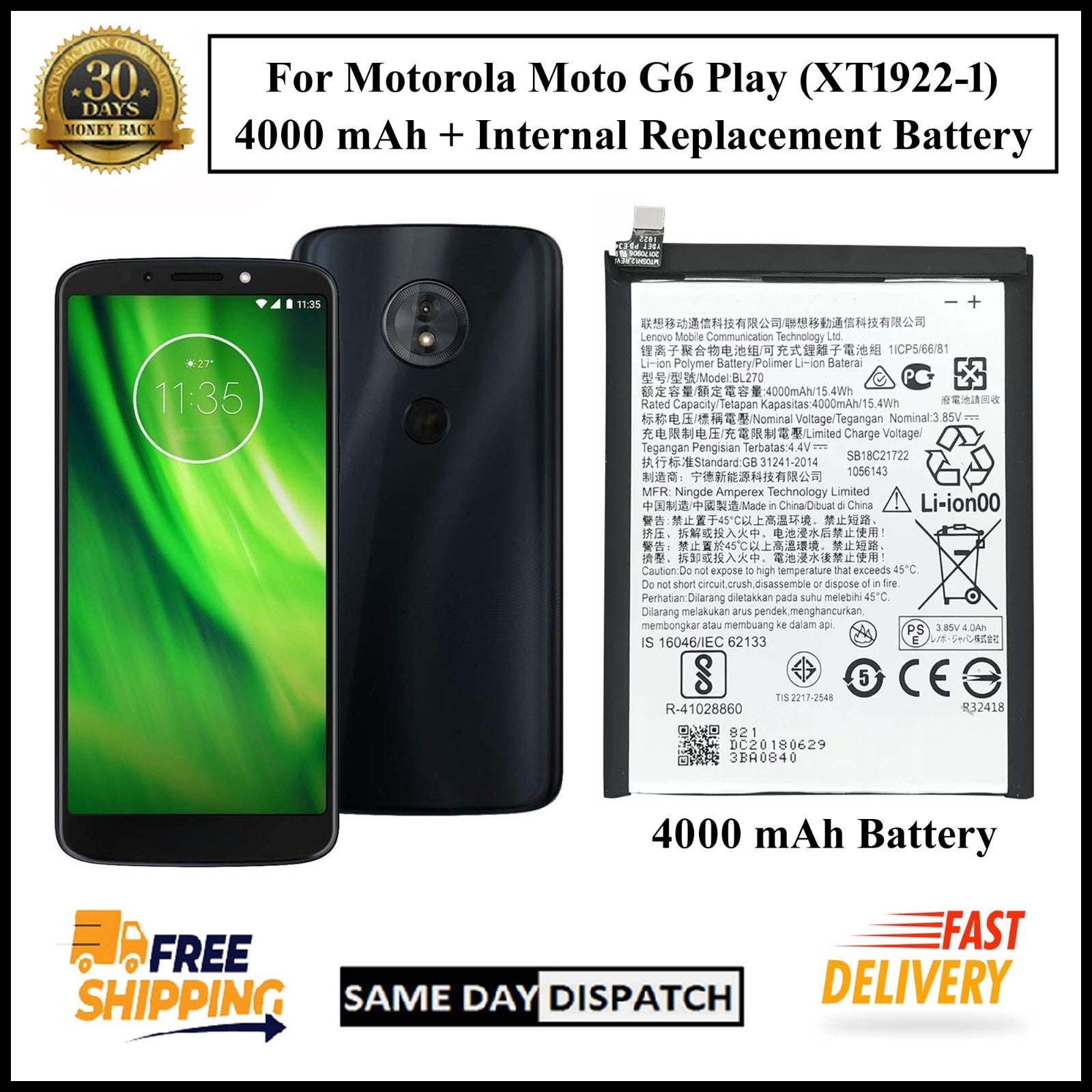 For Motorola Moto G6 Play XT1922-1 (BL270) 4000mAh+ Internal Replacement Battery
