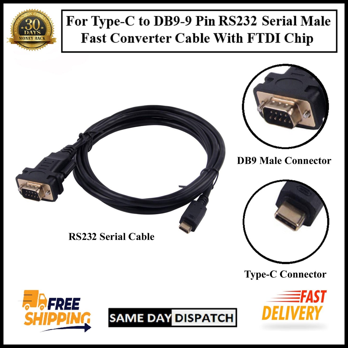 For USB Type-C to DB9- 9 Pin RS232 Serial Male Fast Converter Adapter Cable