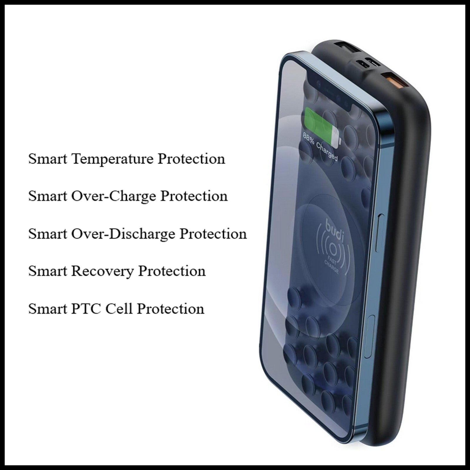 For Budi 10000mAh 15W Wireless Pocket Power Bank 20W PD Fast Charging, QC 3.0