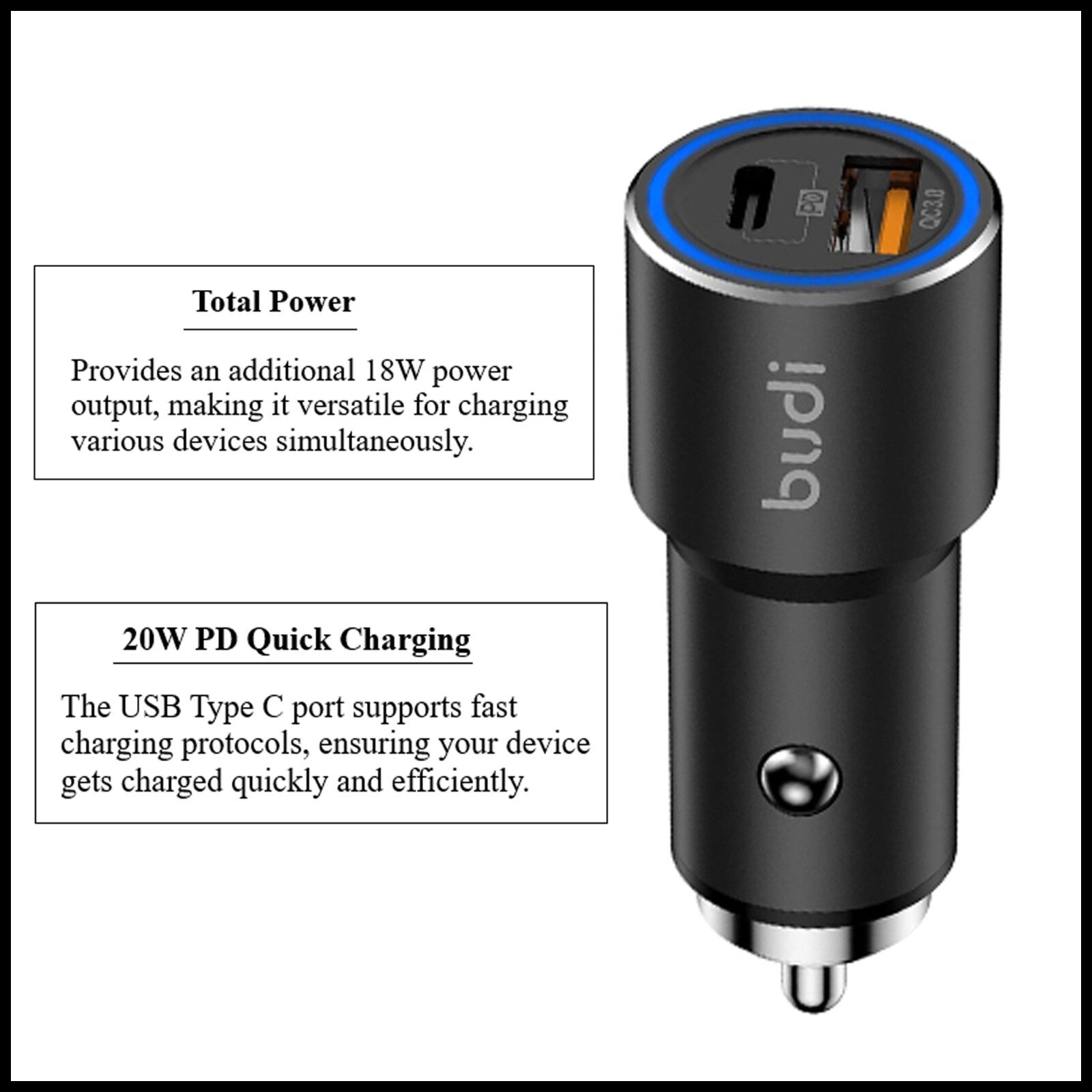 For Budi 38W Dual Port Car Charger USB-C PD 20W+QC 3.0 18W Fast Charging