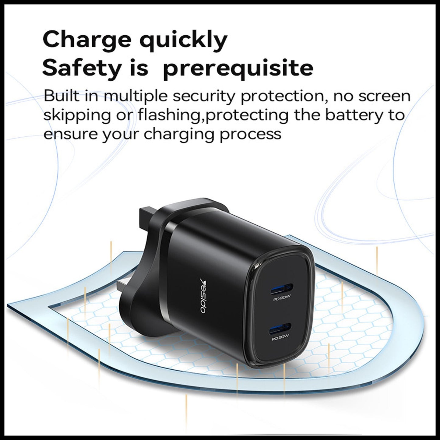 For YESIDO Dual Interface PD 20W USB-C Fast Wall Charger With Type C Cable