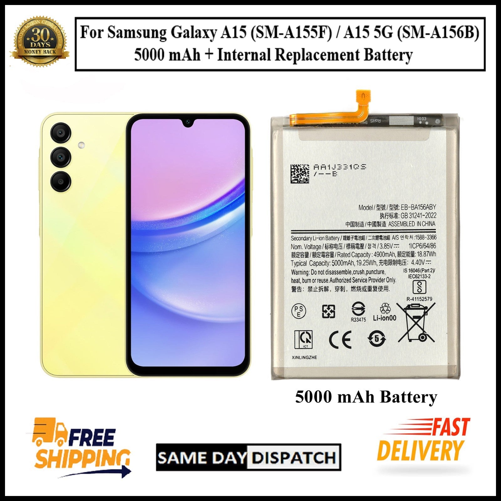 For Samsung Galaxy A15/A15 5G /A155F/A156B 5000mAh+ Internal Replacement Battery