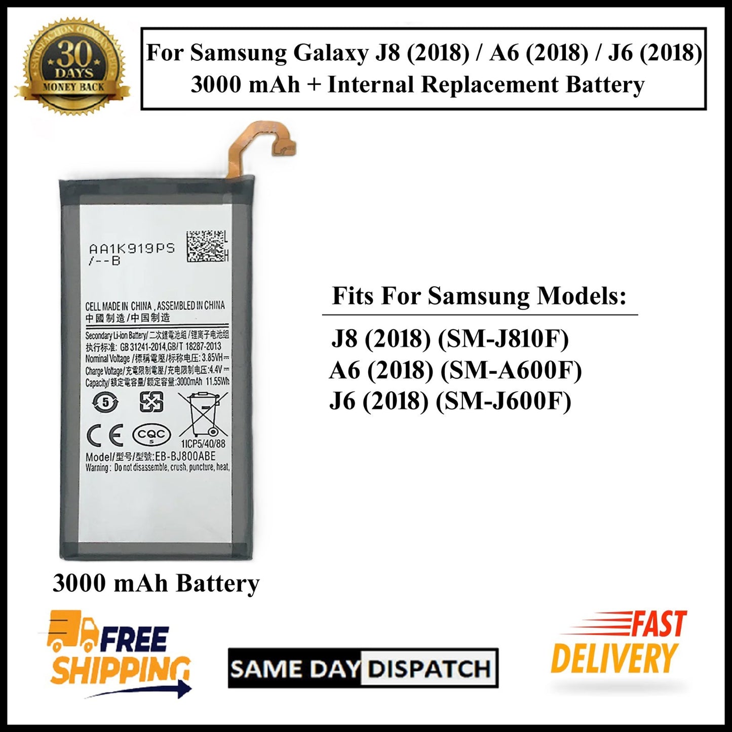 For Samsung Galaxy J8 /A6/J6(2018) / J810F 3000mAh+ Internal Replacement Battery