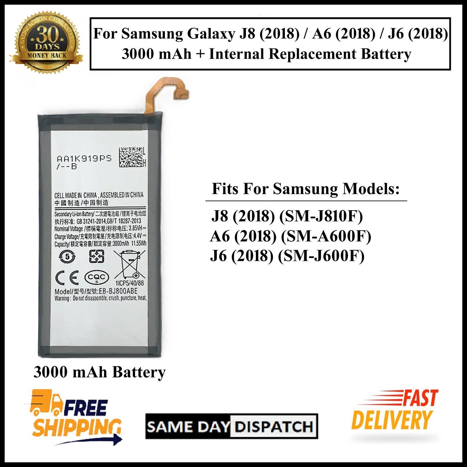 For Samsung Galaxy J8 /A6/J6(2018) / J810F 3000mAh+ Internal Replacement Battery